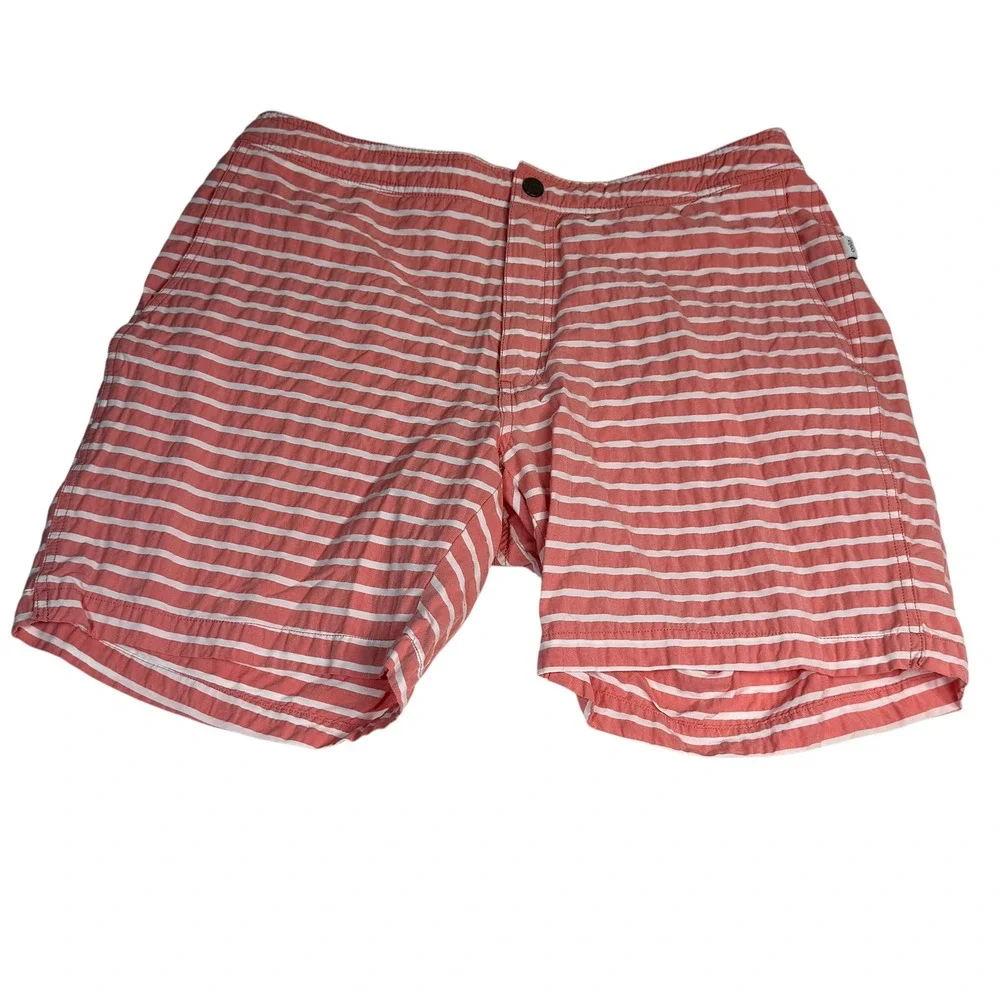 Onia The Calder Mens Red White Striped Swim Trunks XL 7 Inseam Board Shorts
